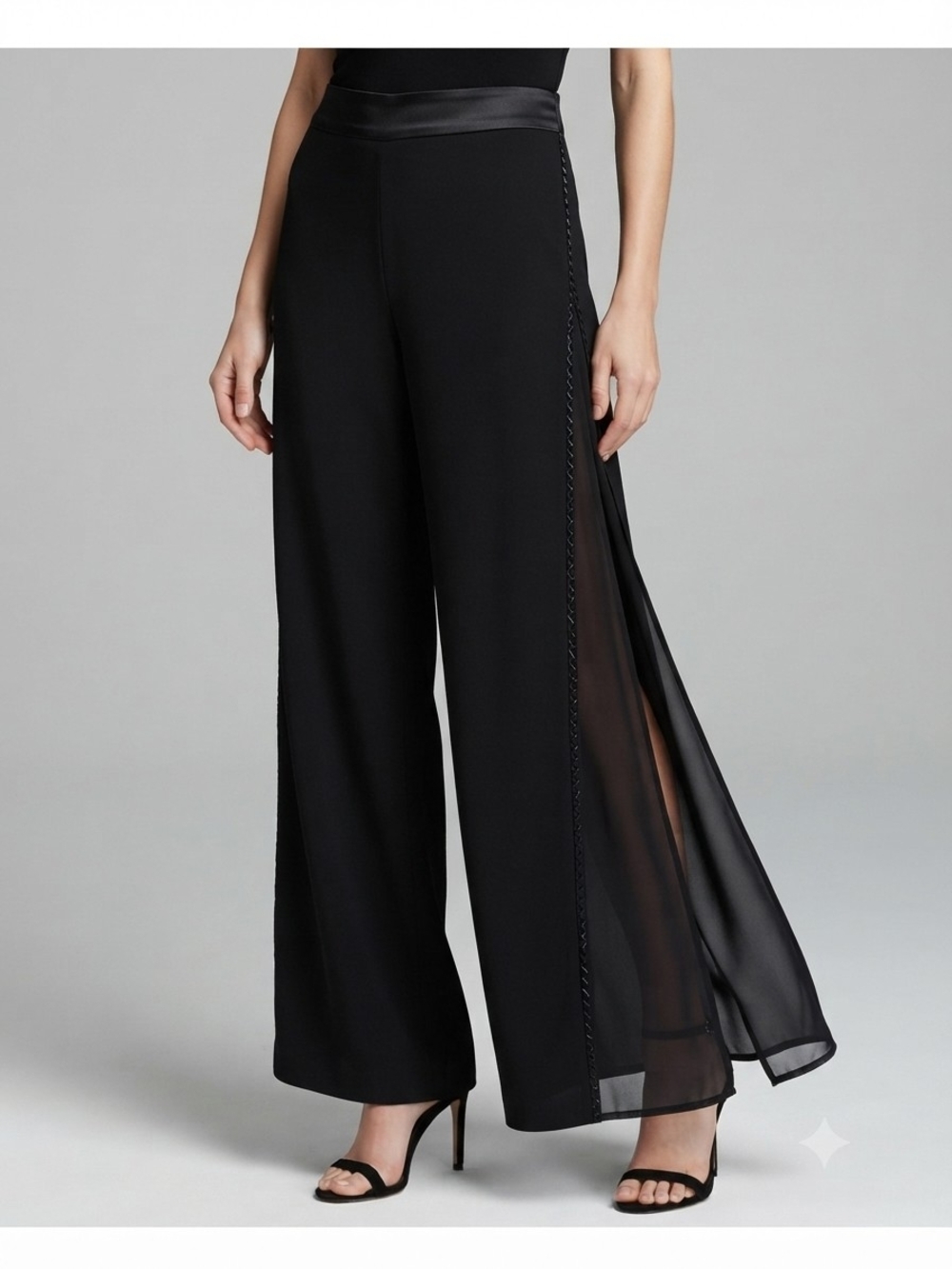 Laura Black Wide-Leg Pants with Sheer Side Panels And Beading Size 14P